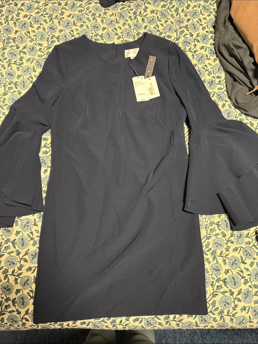 Milly Navy Bell-Sleeve Long-Sleeve Shift Dress